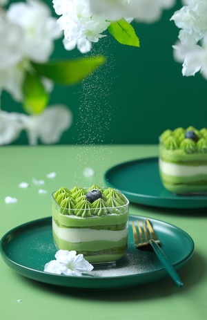一个绿色盘子上放着甜点和花