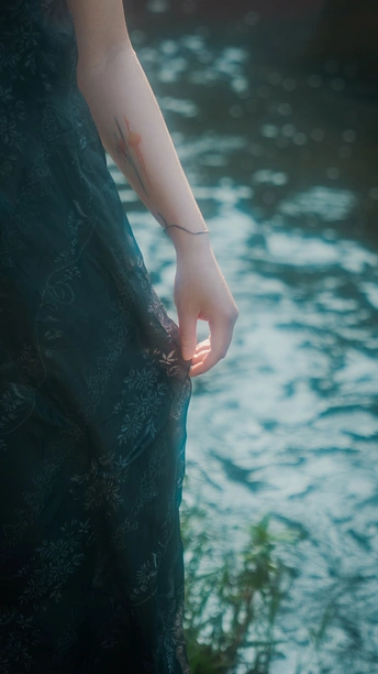 一个穿着黑色连衣裙的女人把手伸向一片水域