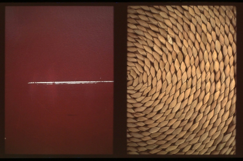 一个带红门的编织墙的浴室