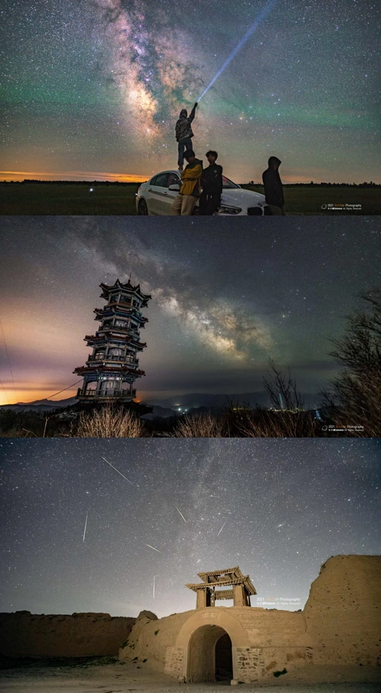 夜晚的佛塔照片 有人和汽车在星空下