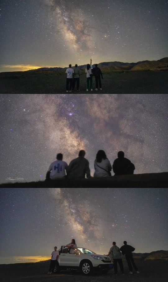 夜晚的照片 有人们在车旁 天空中星星闪烁。