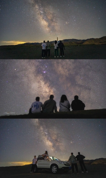 夜晚的照片 有人们在车旁 天空中星星闪烁。