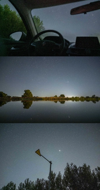 夜晚的湖景 街灯 汽车在水边