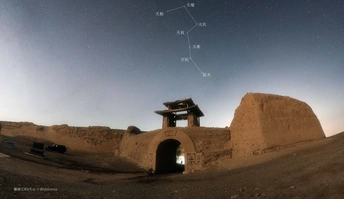 夜空中的恒星轨迹 位于约旦瓦迪鲁姆沙漠。
