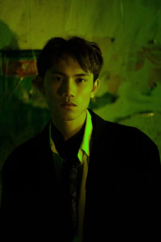 一个穿着黑色西装和领带的年轻人站在一堵绿色墙壁前