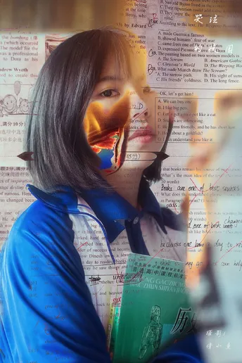 一位女士的脸被画在墙上