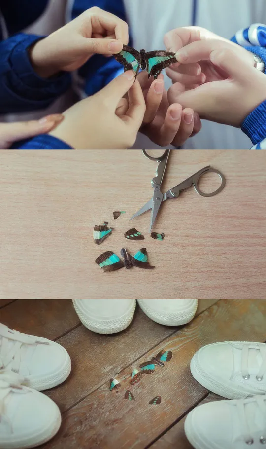 一个人在桌子上剪蝴蝶 旁边有一些鞋子。