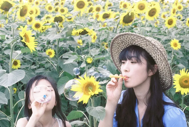 一些年轻女性在一个向日葵田里吹泡泡。