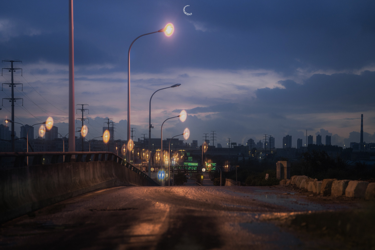 夜晚有桥和路灯的城市