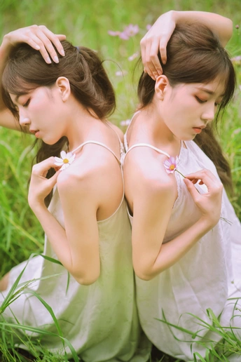 一个穿着白色连衣裙的年轻女子坐在绿色的田野里 头发上插着一朵花