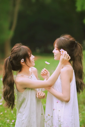 一个年轻的女人和一个小女孩在田里拿着一朵白花