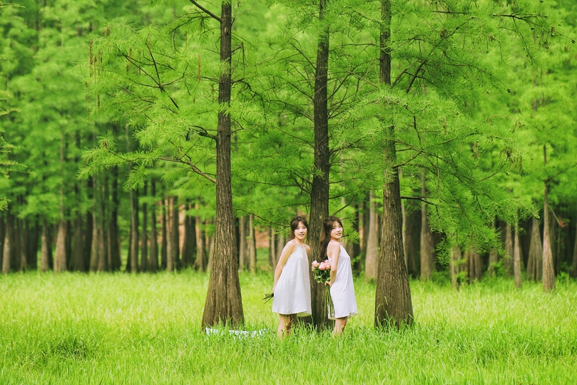 一位身穿白色连衣裙、手捧鲜花的年轻女子站在绿树成荫的森林中