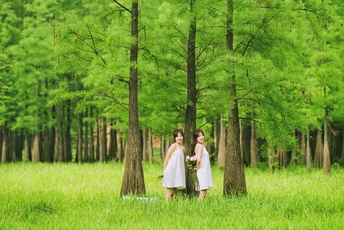 一位身穿白色连衣裙、手捧鲜花的年轻女子站在绿树成荫的森林中