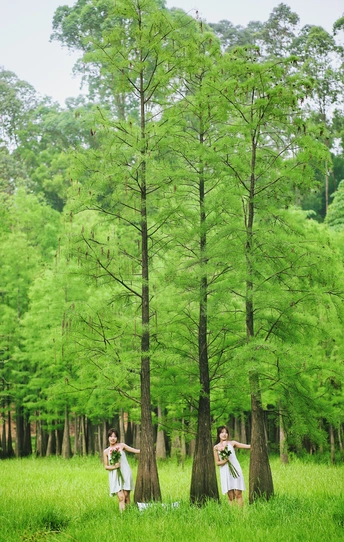 一对年轻男女站在绿树成荫的森林里