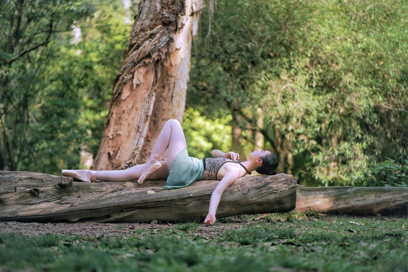 一些年轻女子躺在木头上 旁边有一棵树躺在地上。