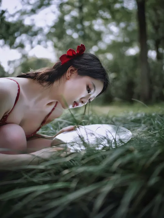 一个年轻女子躺在草地上阅读一本白色书籍。