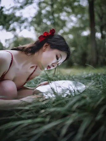 一个年轻女子躺在草地上阅读一本白色书籍。