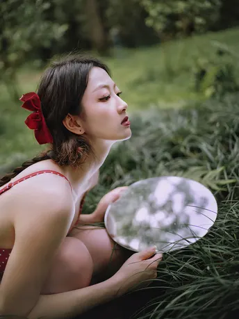 一个穿着红裙子的年轻女子坐在草地上 手里拿着一盘白盘子。