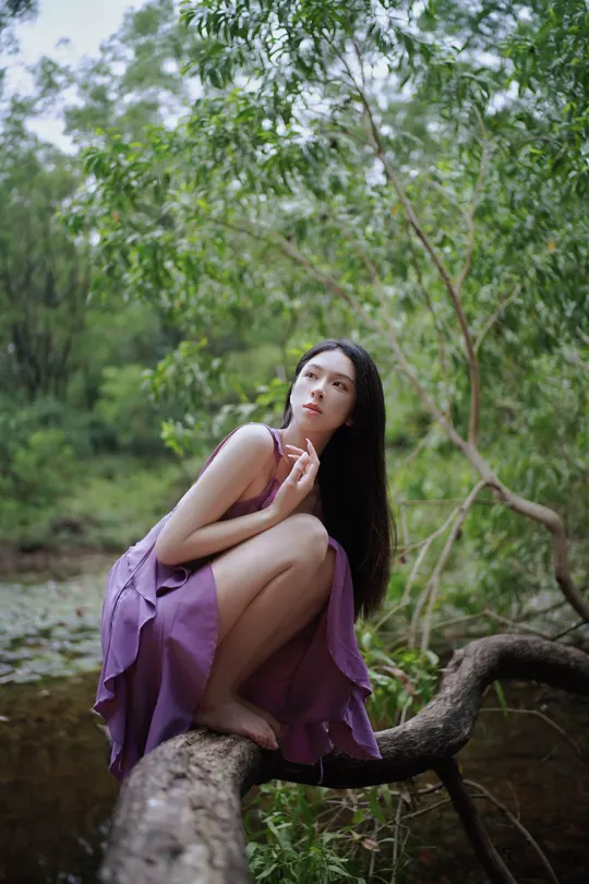 一位美丽的年轻女子穿着紫色的裙子坐在一条河流或小溪中的倒下树木的树枝上。
