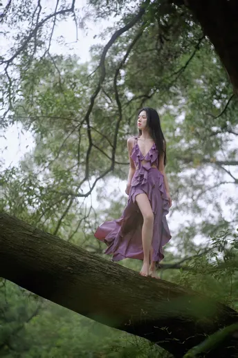 一位穿着紫色裙子的女人站在一棵树的分枝上