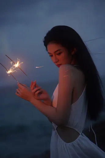 夜晚海滩上手持点燃的烟花的女青年