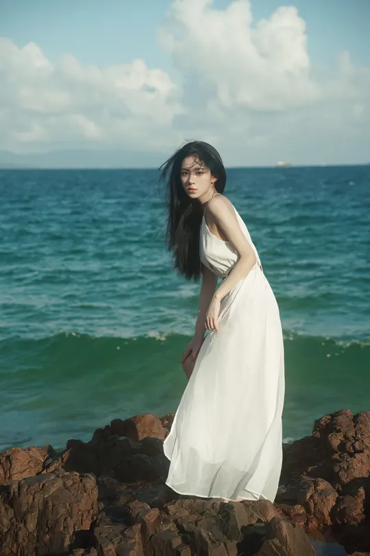 一位穿着白色连衣裙的女人站在海滩边一块岩石上