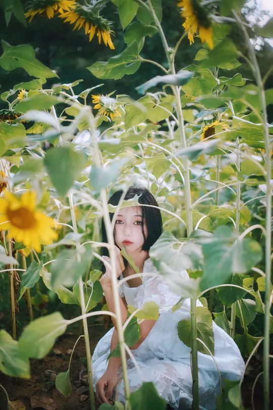 一位穿着白色连衣裙的年轻女子坐在向日葵花田里