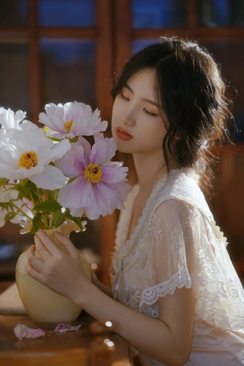 一位年轻女子手持一束白花花束 放在花瓶中。