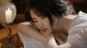 一个年轻女子坐在桌子旁 桌子上有一支点燃的蜡烛 正在读书。