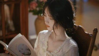 一个女性坐在椅子上读书