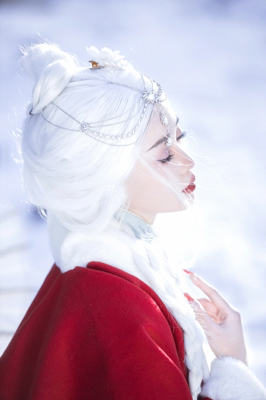 一位穿着红色外套的白发女士在雪中