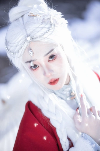 一位身着白色雪装的白发女士