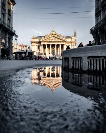 城市中的一片积水 倒映着一座建筑。
