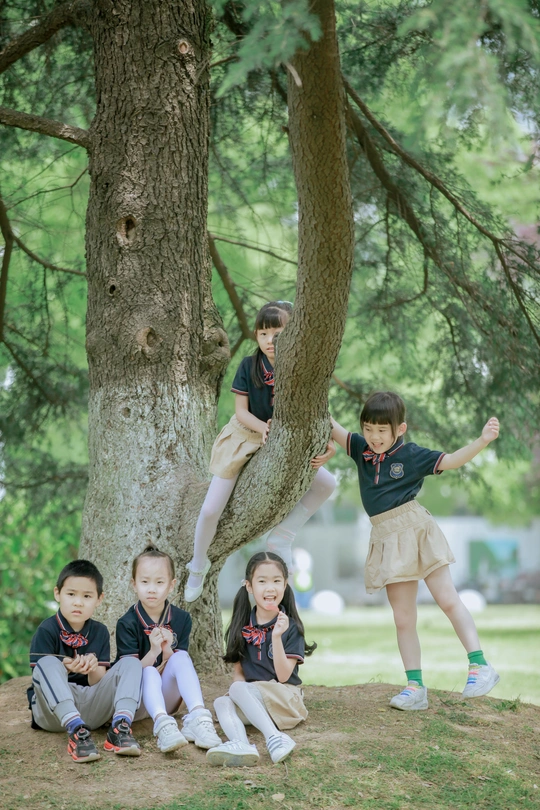 在公园里 孩子们围着一棵树坐着站着