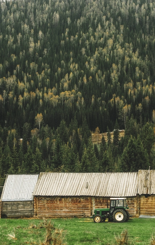 一个小卡车停在一片绿草地上 前面有一座木制的谷仓 背景中有树木和山脉。