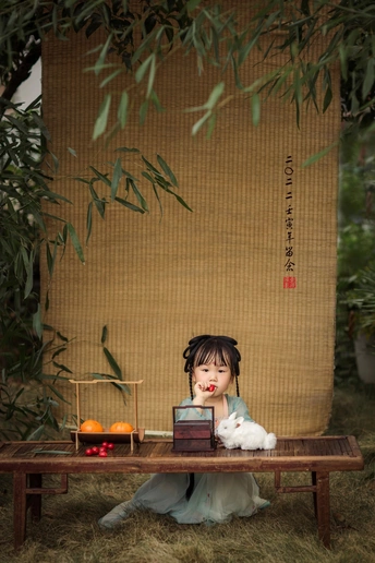 一个穿着连衣裙的年轻女孩坐在木长椅上 盒子里放着一只白猫