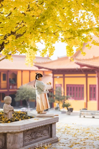 一位站在树下拍照的女士 在寺庙前面拍摄花。