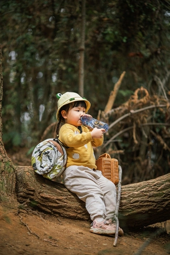 一个戴帽子的小男孩坐在木头上 在森林里喝着水瓶 旁边还有一个年轻的孩子坐在倒下的树上。
