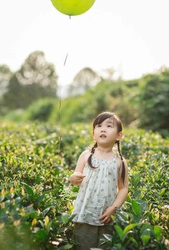 一个小女孩拿着一个黄气球站在一个绿色的田野中