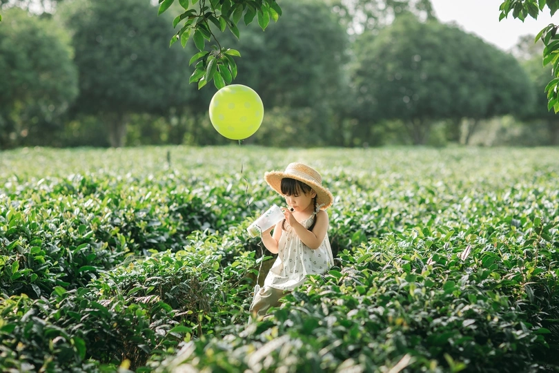 一个小女孩戴着帽子在绿茶田地里玩耍 拿着一个黄气球。