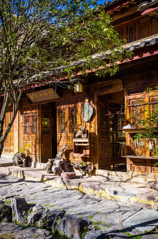 前面有棵树的 wooden building