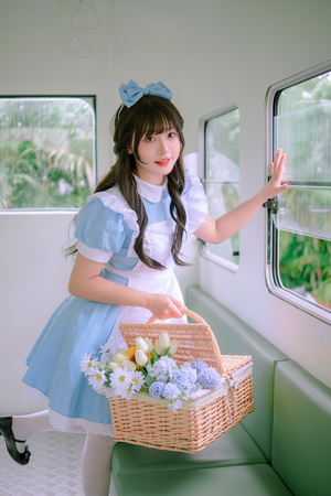 一位穿着蓝色裙子的年轻女孩在火车上拿着一个花篮。