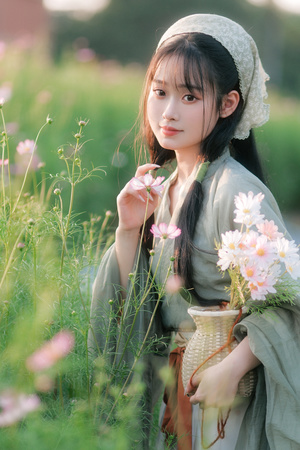 一位穿着美丽连衣裙的年轻女子手持一束花。
