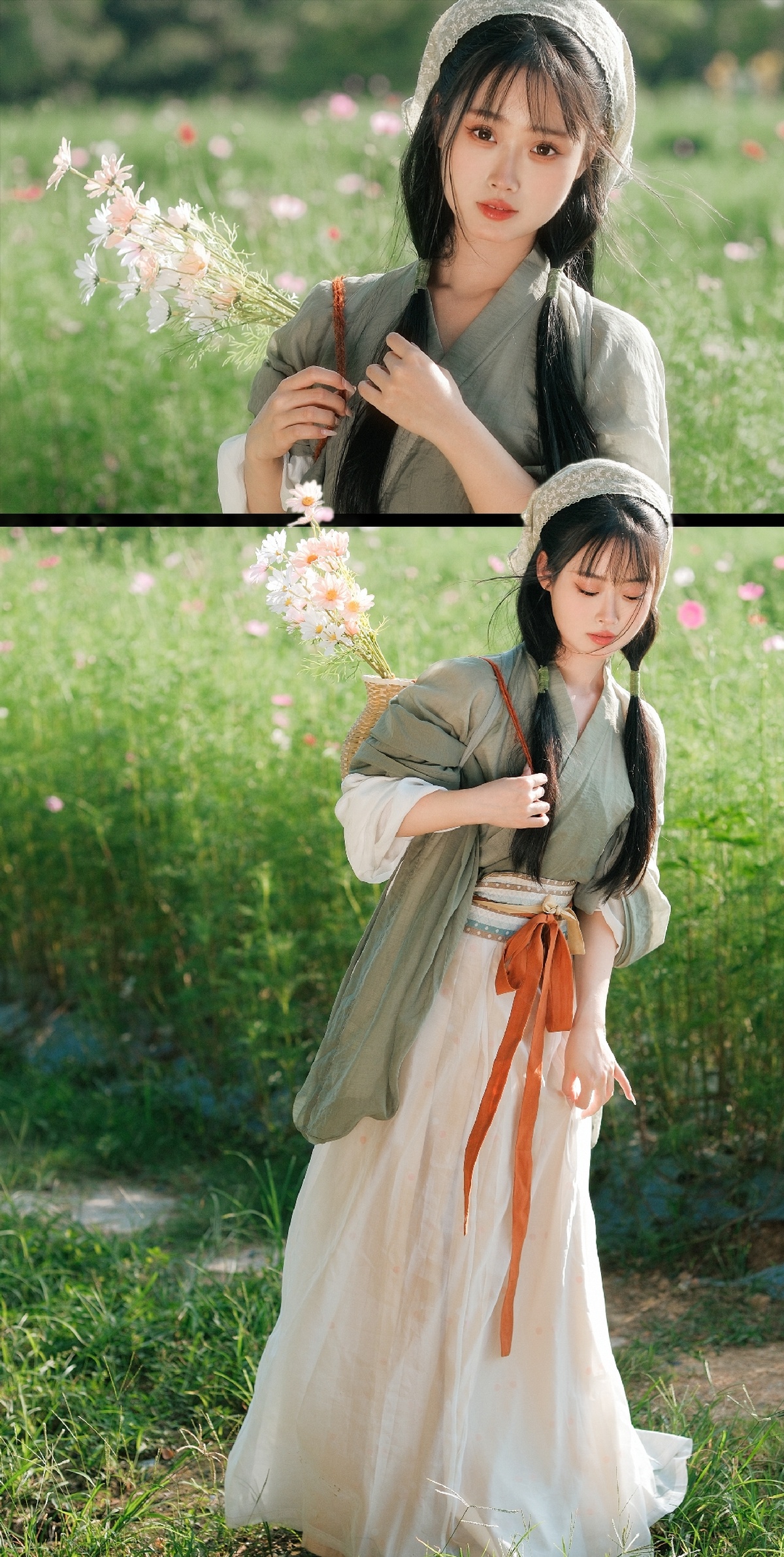 一位穿着costume的年轻女子在田野中拿着花。