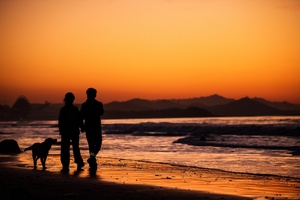 夕阳下海滩上的一对牵手行走的轮廓