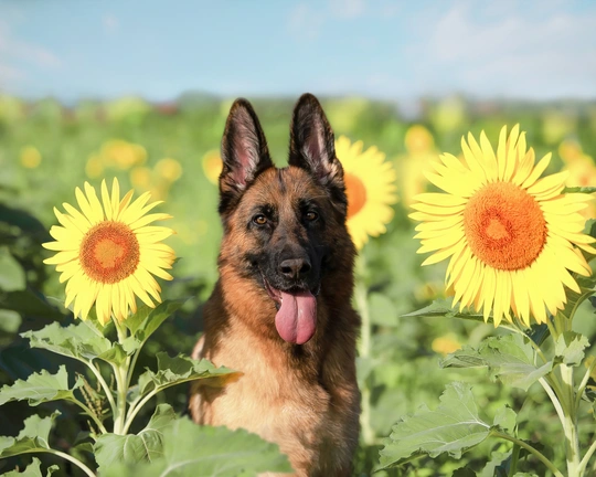 一只德国牧羊犬站在向日葵花田中