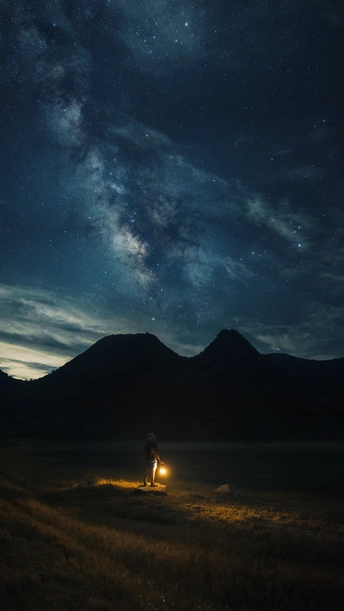 一个人在星空下 夜晚在篝火旁边点燃灯笼。