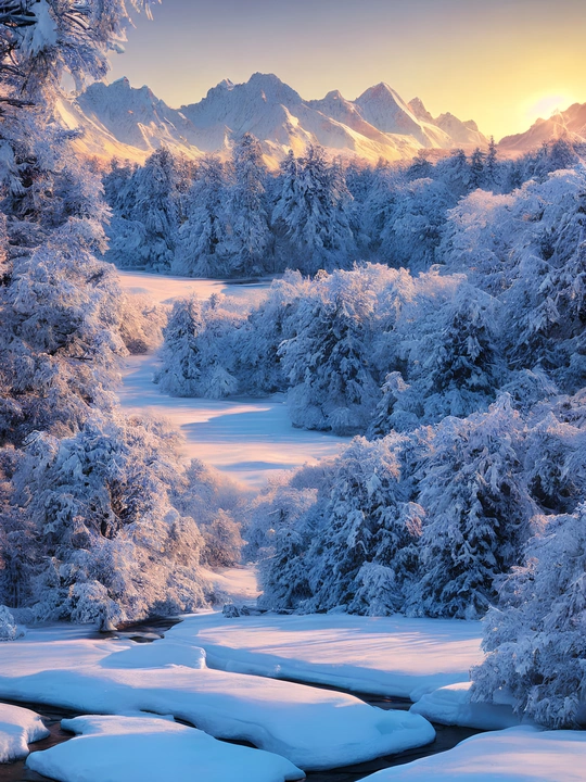 雪景 河流 森林 树木和山脉都被雪覆盖