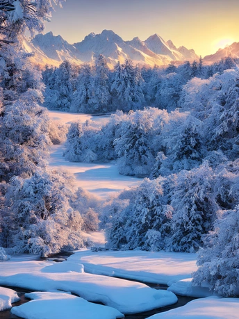 雪景 河流 森林 树木和山脉都被雪覆盖
