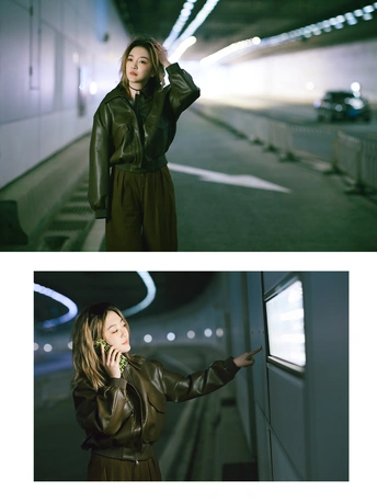 夜晚街头的一个年轻女子正在打电话的图片